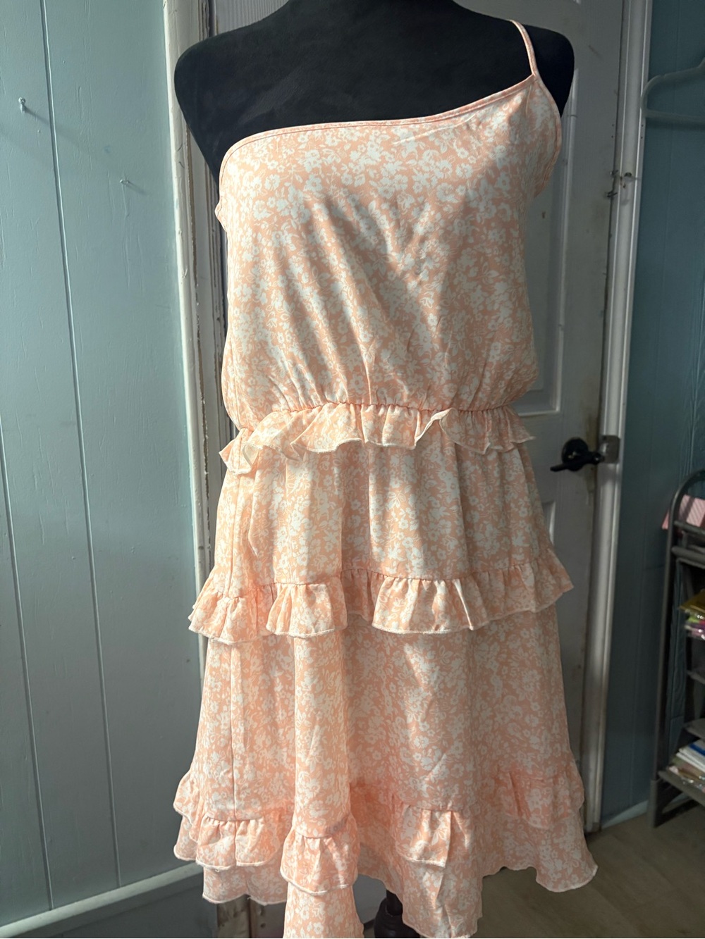 Peach Love California Peach Floral One-Shoulder Ruffle Dress